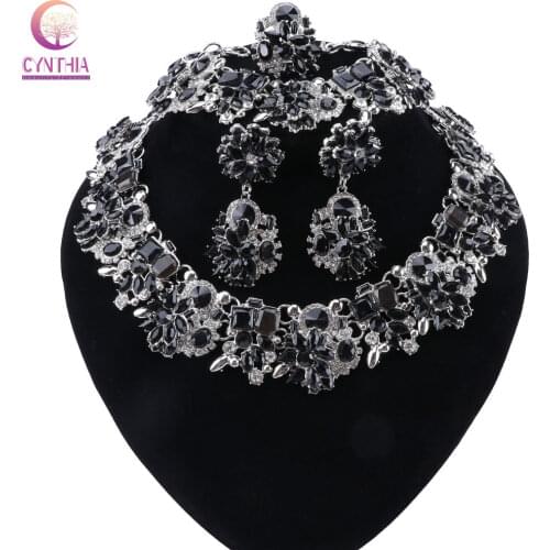 CYNTHIA Black Crystal Choker Necklace Set Bridal Indian Jewelry Sets Bride Silver color Jewellery Wedding Prom Accessories Women