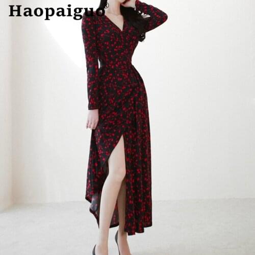 Oversize Print Cherry Long Autumn Dress Women Corset Long Sleeve Split Korean Dress Women Streetwear Vintage Winter Dress Ladies