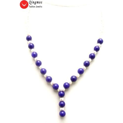 Qingmos Natural White Pearl Chokers Necklace for Women with 6-7mm Round Pearl Necklace & Blue Jades Pendant Necklace 17