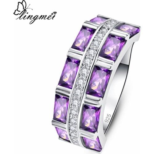 Lingmei Charm Dazzling Silver Color Jewelry Womens Fashion Zircon Wedding Rings Size 6-9 Anniversary Christmas