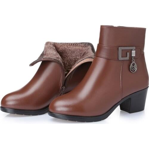 2021 genuine leather Womens warm booties winter boots brown ladies heel boots adult fashion Villus boots