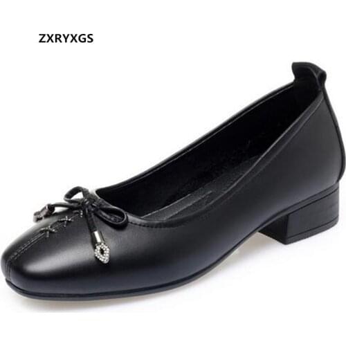 2021 New Sweet Bow Rhinestones Genuine Leather Shoes Woman Thick Heels Soft Sole Comfort Shoes Non-slip Large Size Trendy Shoes