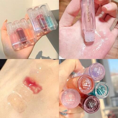 3PCS/Set Wet Gloss Crystal Jelly Lip Gloss Shiny Clear Mirror Moisturizing Lip Gloss Glitter Liquid Lipstick Lip Oil Lip Tint