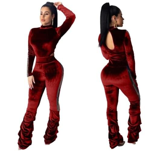 Africa Style Velvet Two Piece Set Sequins Patchwork Turtleneck Long Sleeve Bodysuit Top Ruched Pants Christmas Suits Deep V