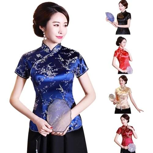 2020 New Women Chinese Plum Blossom Short Sleeve Stand Collar Slim Blouse Shirt Womens clothing женское платье