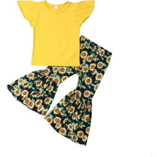 Toddler Kids Baby Girls Summer Clothes Ruffles Sleeveless Yellow T-shirt Top Sunflower Flared Pant Bell bottom 2PCS Clothes