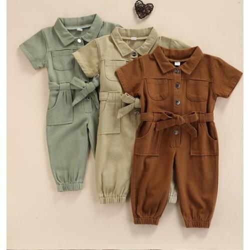 Children Long Sleeve Jumpsuit Fashion Solid Color Lapel Pocket Single-breasted Long Pants With Belt Kids Overalls Trousers