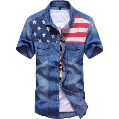 Fashion Male Patchwork Casual Washed Short Sleeve Denim Shirt Homme Camisa Men New Summer American Flag Blue Jeans Shirts