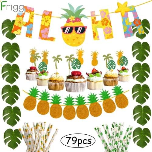 Hawaiian Tropical Party Supplies Pineapple ALOHA Party Banners Hawaiian Cupcake Topper Pineapple Monstera Leaves Paper Straw