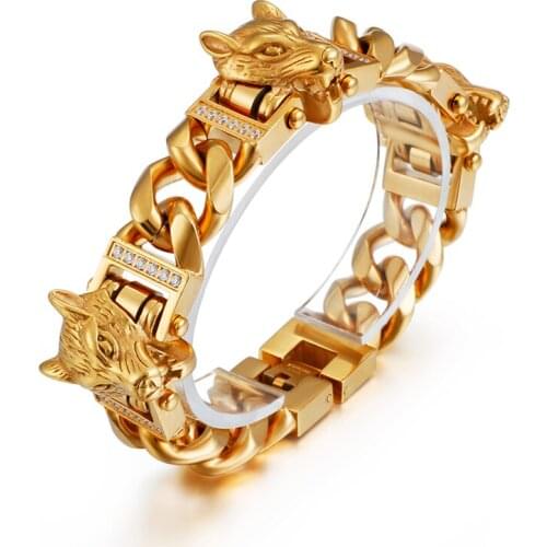 Hip-Hop Punk Mens jewelry High Quality Crystals CZ stainless steel Cuban Curb Link Bracelet Heavy Wolf Head Bangle 15mm 8'' CZ