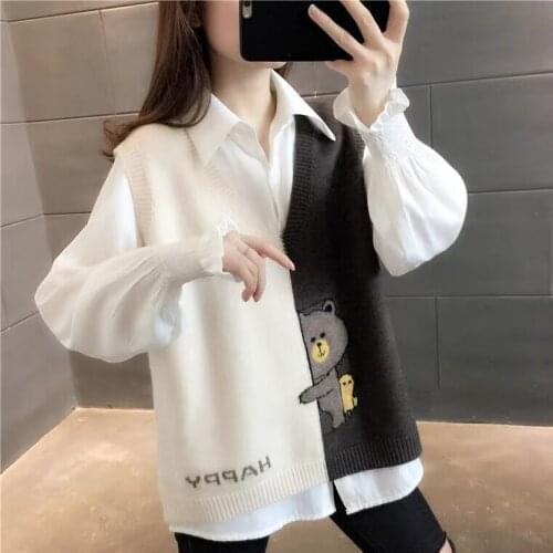 Korean Sleeveless Sweater Vest Women Knitting Pullovers Unif V Neck Patchwork Vintage Sweaters Knitted Waistcoats Top Jumper