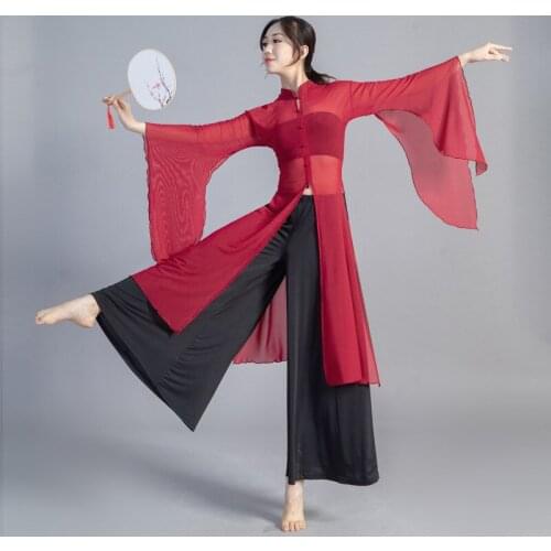 Chinese Style Classical Dance Costume Womens Classic Suit White Pants For Dance Chinese Long Sleeve Blouse