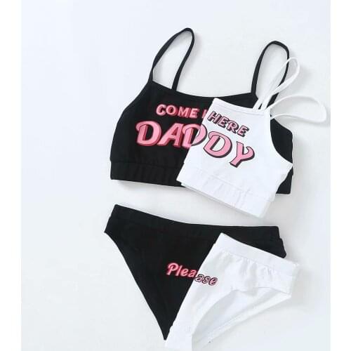 Two piece set Fashion COME HERE DADDY Letter Print Tank Top Sexy Sleeveless Cute Cosplay Costume Harajuku Kawaii Cropped Outfit