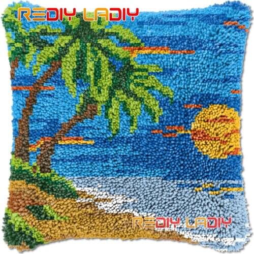 Latch Hook Cushion Summer Beach DIY Needlepoint Kits Chunky Acrylic Yarn Arts Crocheting Lofty Pillow Case Hobby & Crafts
