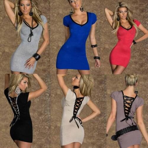 Fashion Women Deep V-Neck Short Sleeve Summer Mini Dress Vestido Sexy Clubwear Dress Bodycon Mini Pencil Party Dress