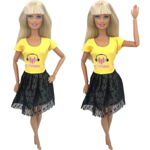 NK 1 Pcs Doll Noble Yellow Pattern Dress Fashion Black Lace Dress Suitable For Barbie Doll Accessories Doll Best Child Gifts 8X