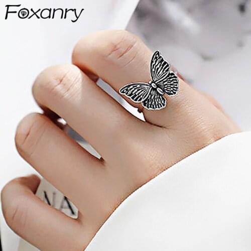 Foxanry 925 Sterling Silver Charming Rings for Women Couples INS Fashion Thai Silver Butterfly Birthday Party Jewelry Gifts