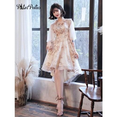 Champagne High Low Prom Dresses2020 V-neck With Cap Sleeves Luxury Flower Appliques Glitter Homecoming Dresses