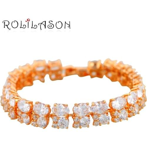 ROLILASON AAA Zirconia Huge Gold color Bracelets White Crystal Design Health Nickel Lead free Fashion jewelry TB407