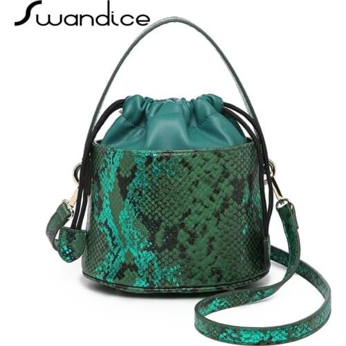 Luxury Python Snake Serpentine Drawstring Bucket Handbags Crossbody Messenger Shoulder Bags 2020 Women Female Purse Ostrich Chic