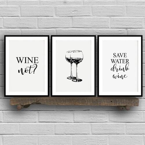 Save Water Drink Quotes Wall Art Wine Black Glasses Posters and Prints Black White Funny Kitchen Canvas Painting for Room Decor