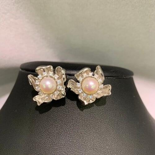 6-7MM natural sea water pearl stud earring akoya pearl 925 sterling silver with cubic zircon flower fine women jewelry cute
