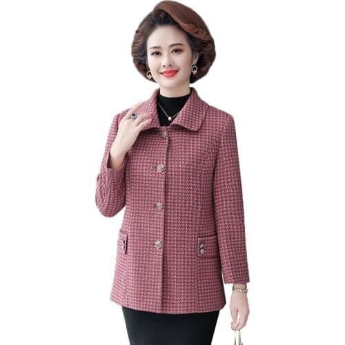 Middle-aged Women Woolen Coat Spring Autumn Jacket Female mother Casual lattice Wool Coat Outerwear Women Jackets Plus Size 5XL