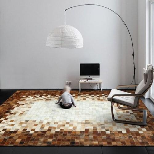 Nordic Modern Cowhide Splicing Carpet Living Room Sofa Tea Table Rectangle Large Area Rug Luxury Bedroom Bed Leather Rug