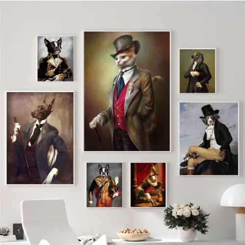 Vintage Style Animals Canvas Painting Deer Cat Dog Portrait Poster and Print Cuadros Nordic Wall Art Picture for Home Decor