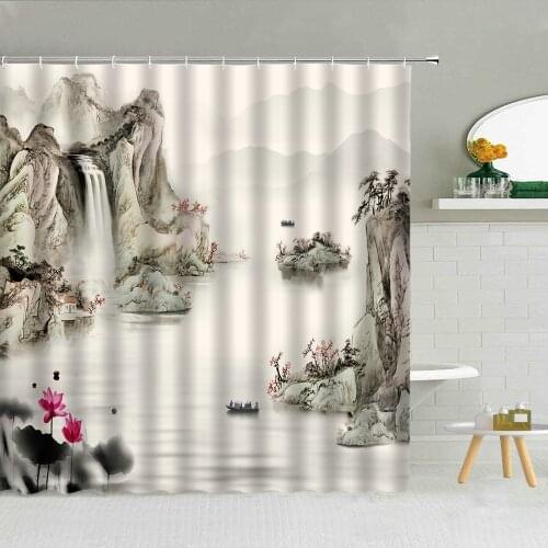 Chinese Style Ink Painting Shower Curtains Mountain Water Lotus Scenery Polyester Fabric Bathroom Supplies With Hooks Home Decor