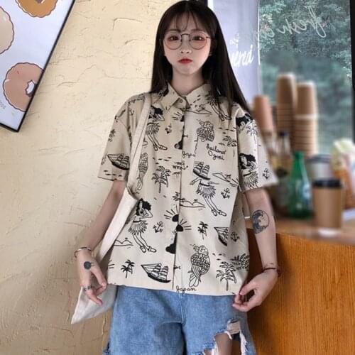 Harajuku Women Blouse And Tops Printed Hawaii Short Sleeve Turn-down Collar Casual Shirt Beach Tops