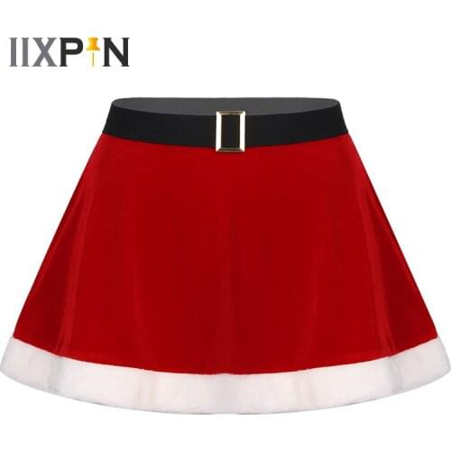Womens Flannel Christmas Mini Skirt Faux Fur Trim Skirt Fancy Ball Costume Dance Party Decoration Christmas Cosplay Skirts