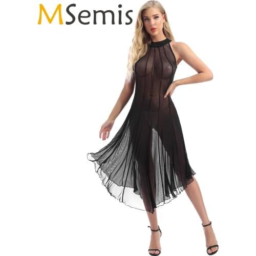 Women Gothic Solid Sleeveless Dresses See-through Leotard Sexy Dress Female Mock Neck Sheer Asymmetrical Mesh Exotic Dresses