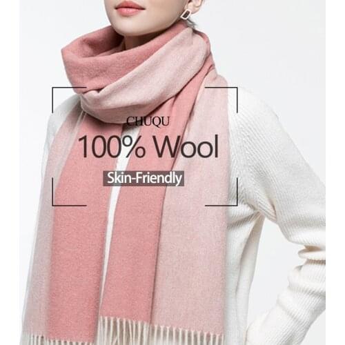 100% Wool Women Scarf Long Warm Shawl Wraps Double-sided Color Neck Scarves Tassels Winter Fringed Cashmere Scarves for Ladies