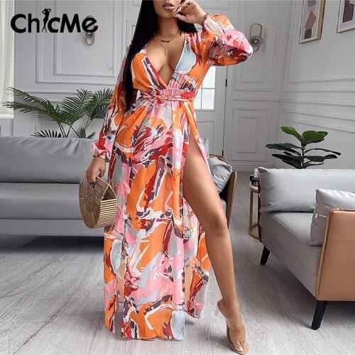 Chicme Women Maxi Colorblock High Slit Plunge Lantern Sleeve Dress Sexy Lady Deep V Neck Print Long Sleeve Vestidos Casual Beach