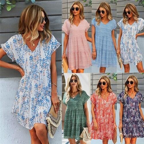 Womens Casual Floral Print Dress 2021Summer V-Neck Short Sleeve Chiffon Dress Fashion Female Loose Ruffles Mini Beach Sundress
