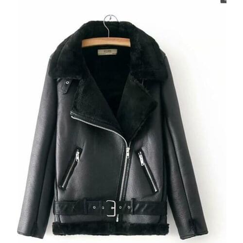 Winter Womens Solid Coat Aviator Leather Belted Faux Fur Lined Shearling Ladies Jacket Long Sleeve Tops