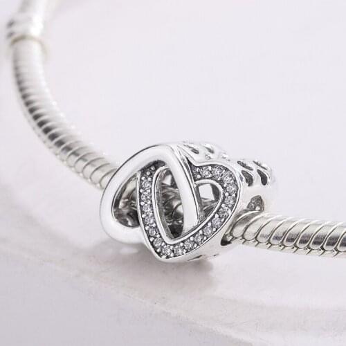 925 Sterling Silver White Zircon Charm Two Love Heart Interlocking Beads Pendant Bracelet DIY Jewelry For Original Pandora