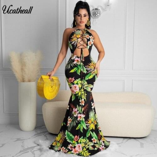 Boho Backless Halter Floral Print Bohemian Dress Summer Sleeveless Women Strappy Maxi Long Dresses