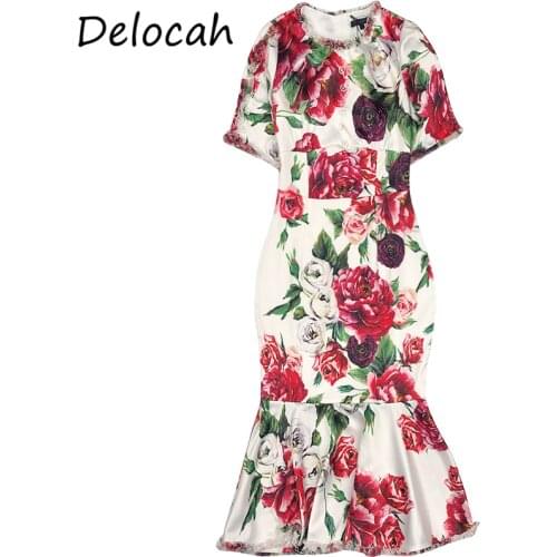 Delocah Women Summer Fashion Designer Midi Dress Short Sleeve Ruffles Floral Print Elegant Bodycon Ladies Mermaid Dresses 2021