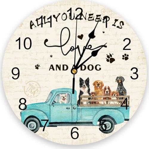 Doberman Sunflower Truck Retro Letter Background Wall Clock Modern Design Hanging Watch for Home Decoration Living Room Wall Art