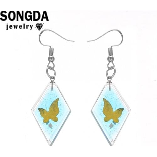 SONGDA Fluorescent Color Butterfly Pattern Earrings Rhombus Transparent Glass Art Design Style Jewelry Exquisite Gift for Women