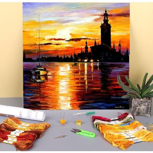 Town On Horizon Printed Water-Soluble Canvas 11CT Cross-Stitch Embroidery Complete Kit DMC Threads Painting Handmade Sales