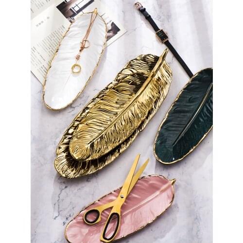 Phnom Penh Dark Green Feather Ceramic Plate Retro Jewelry Tray Pink Storage Tray Dim Sum Plates Home Decoration Cosmetic Box Hol