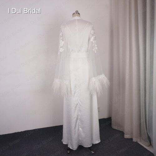 Two Piece Long Sleeve Bride Get Ready Robe Morning Pajamas Satin Evening Robe with Feather