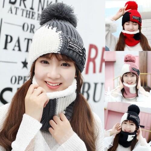 Korean Fashion Women Knitted Wool Scarf Hat Pompom Cap Set Warm Winter Scarf Mask Hats Velvet thickening Cycling Ear Protection
