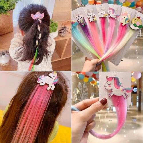 Korean Childrens Cartoon Wig Unicorn Rainbow Hairclips Kids Cute Cat Ear Side Clip Hair Accessories For Girls Baby Kawaii Gift