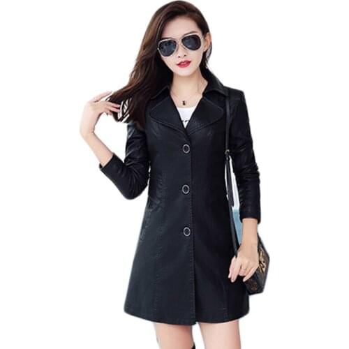 Leather Coat Women Black Wine Red 2021 Spring Autumn New Fashion Office Lady Casual Slim Thin Lapel Long PU Jacket Feminina N805
