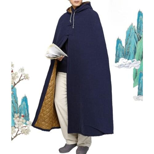 Unisex linen zen lay meditation cloak buddha prayer coat kung fu suits robe winter warm buddhism shaolin monk cape red/blue