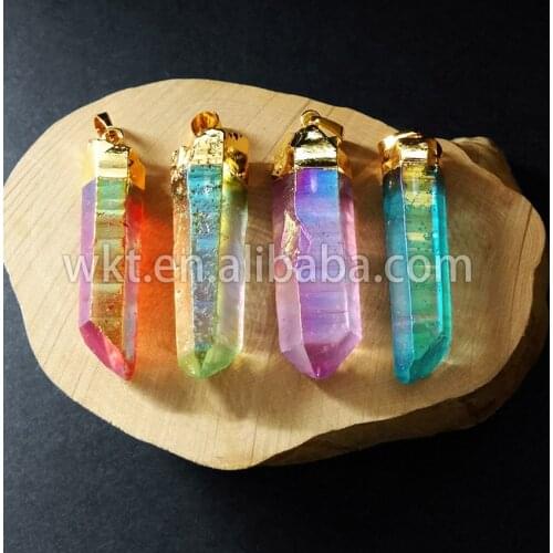 WT Lovely natural stone Aura Quartz Point Pendant with 24k Gold electroplated Cap